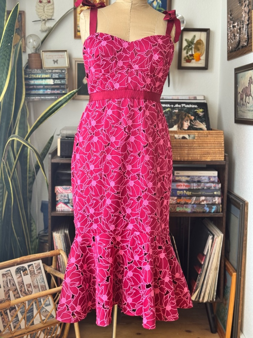 J. Crew Eyelet Midi Dress w/ Flounce Hem in Berry Size 10 Wedding Guest
